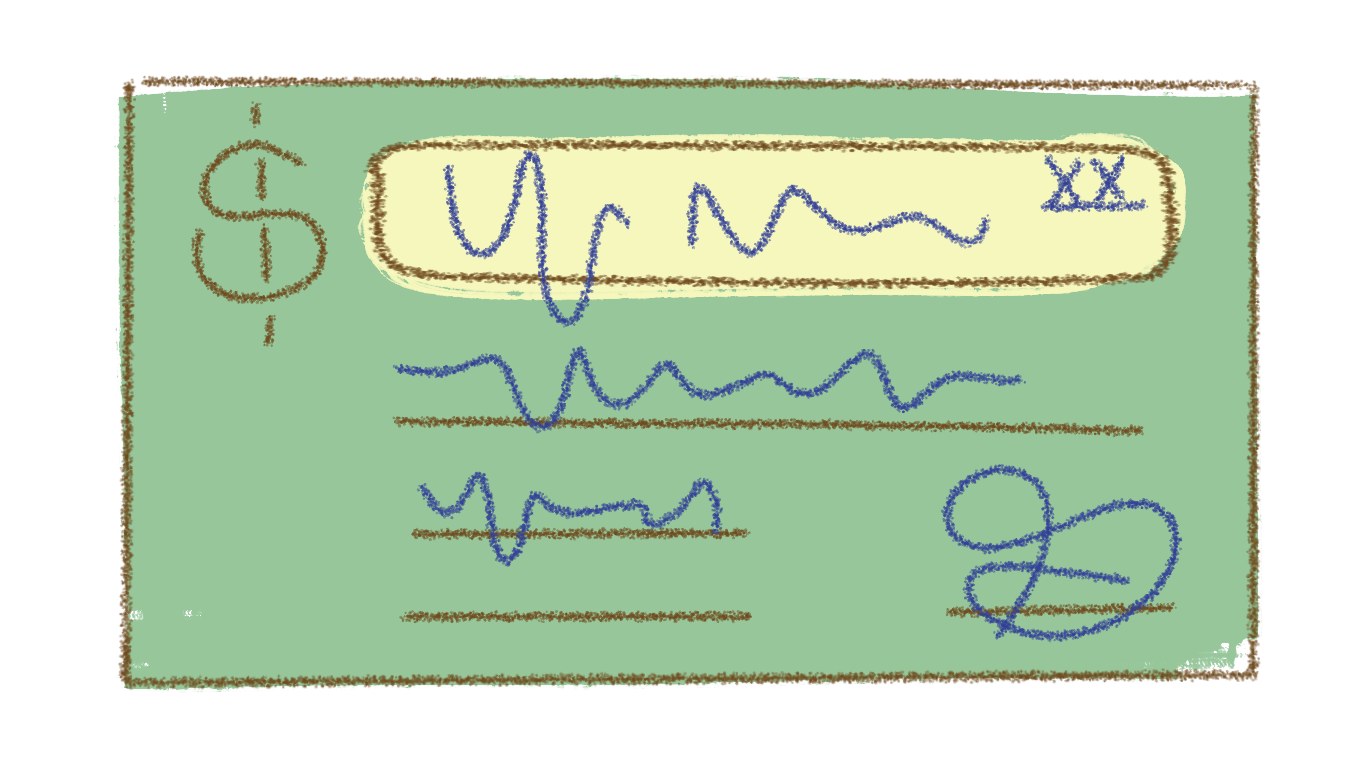 A green cheque with a dollar sign in the top left corner. It is filled out in blue scribbles.